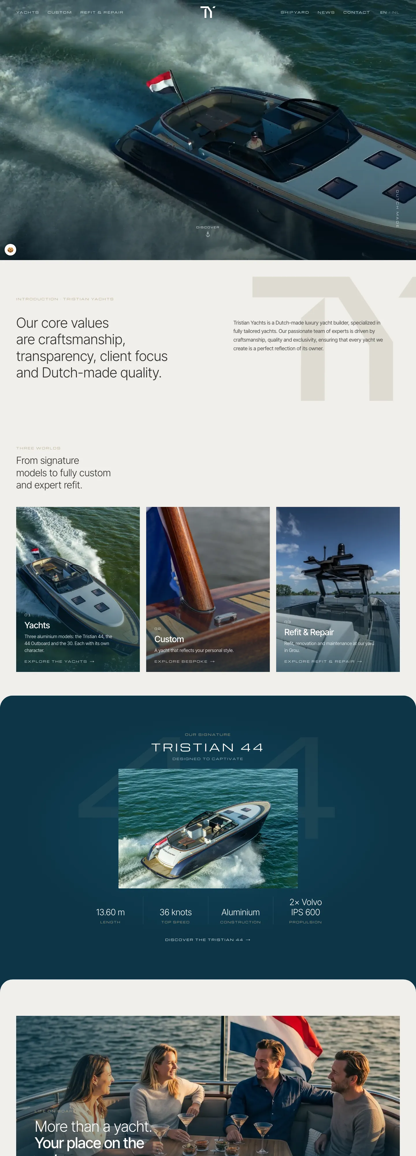 Screenshot van de website van Tristian Yachts